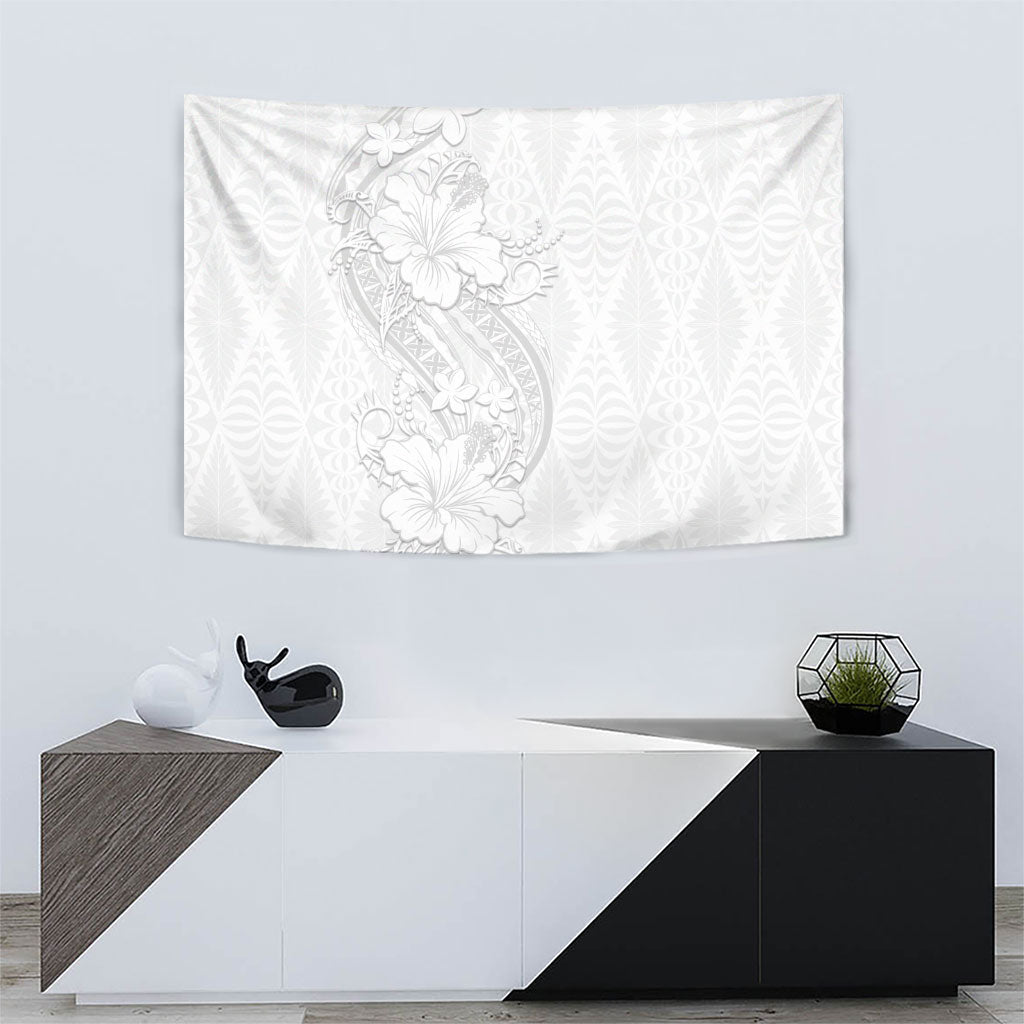 Tokelau White Sunday Tapestry Elegant Hibiscus Polynesian Tribal Pattern