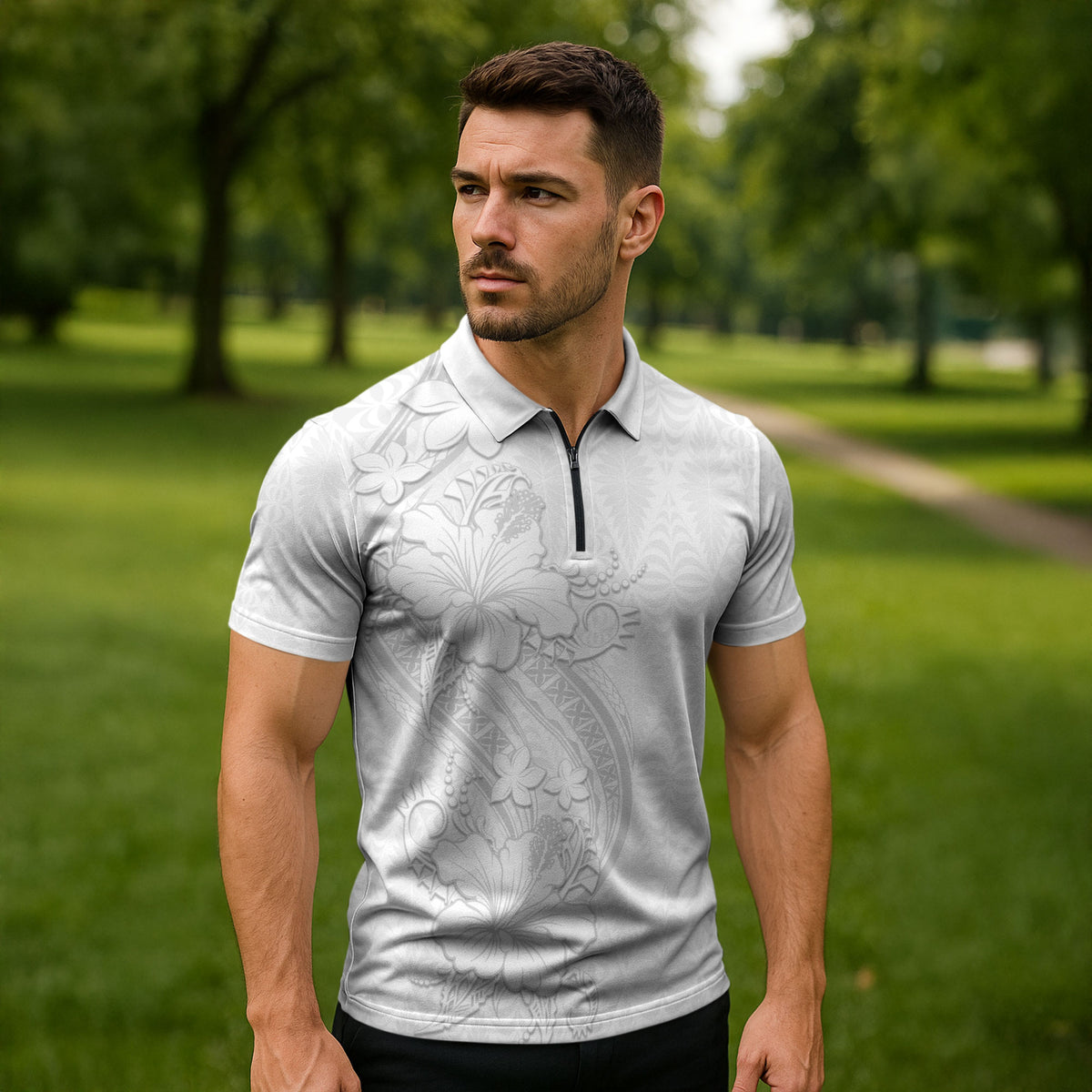 Tokelau White Sunday Zipper Polo Shirt Elegant Hibiscus Polynesian Tribal Pattern