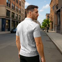 Tokelau White Sunday Zipper Polo Shirt Elegant Hibiscus Polynesian Tribal Pattern