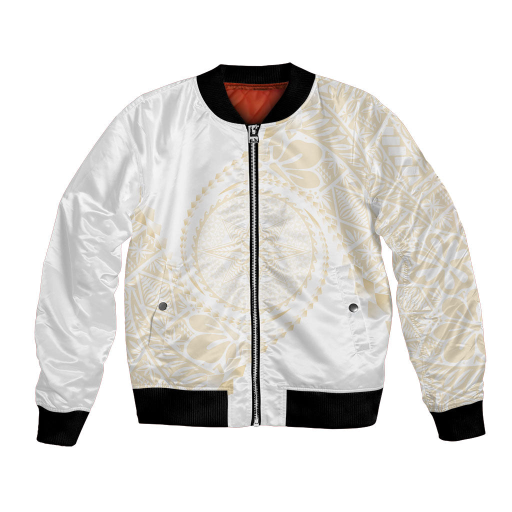 Tonga White Sunday Bomber Jacket Lotu Tamaiti Tongan Kupesi Pattern