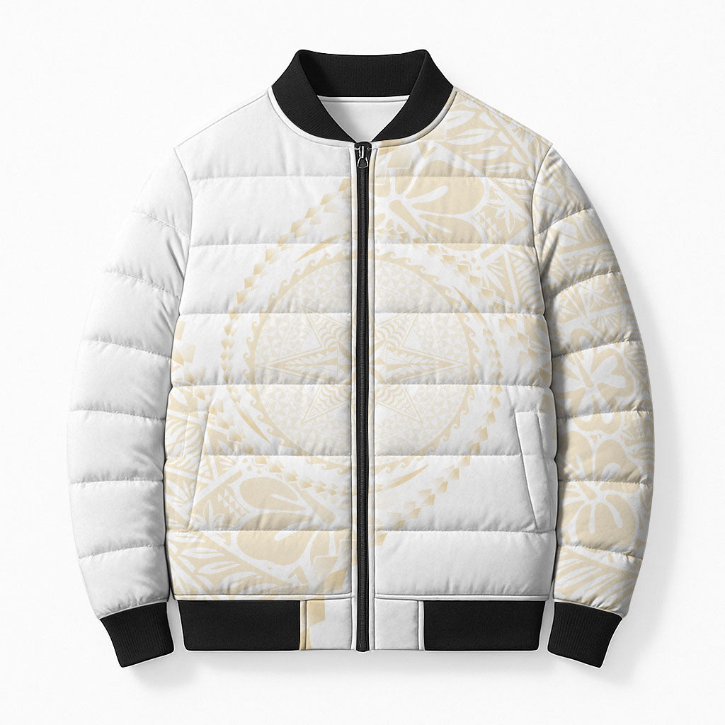 Tonga White Sunday Bomber Puffer Jacket Lotu Tamaiti Tongan Kupesi Pattern LT05 Unisex Beige - Polynesian Pride