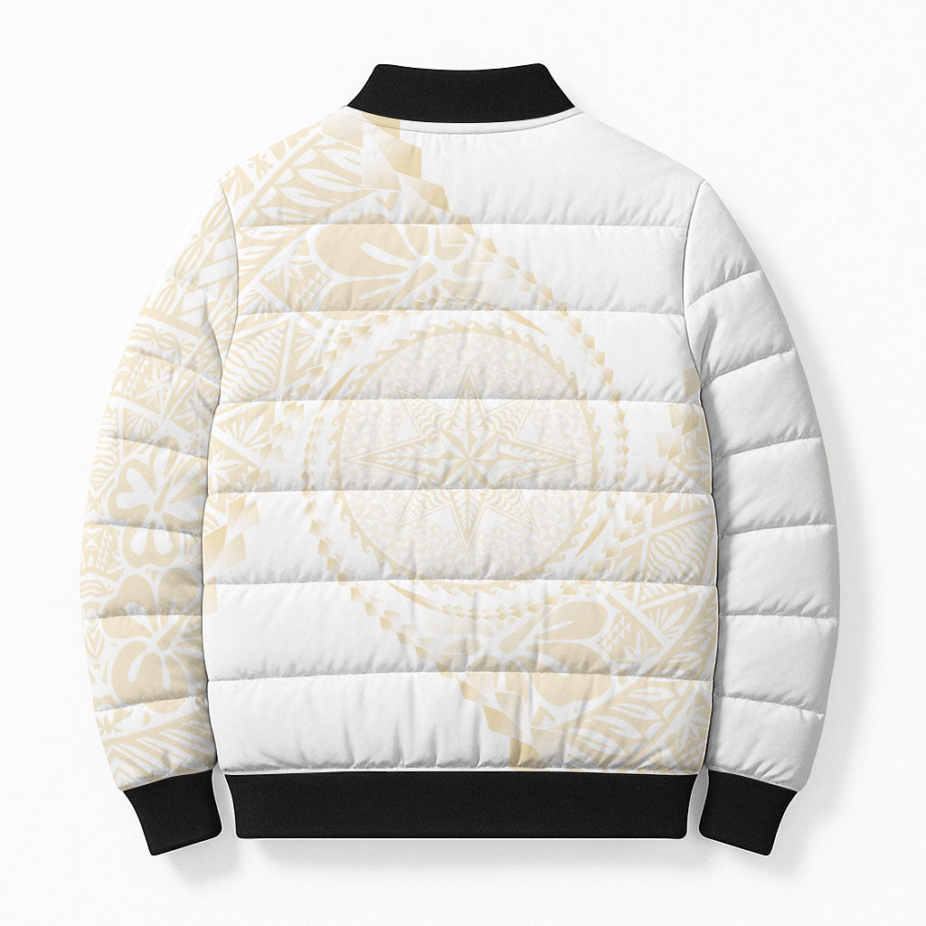 Tonga White Sunday Bomber Puffer Jacket Lotu Tamaiti Tongan Kupesi Pattern