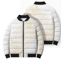 Tonga White Sunday Bomber Puffer Jacket Lotu Tamaiti Tongan Kupesi Pattern