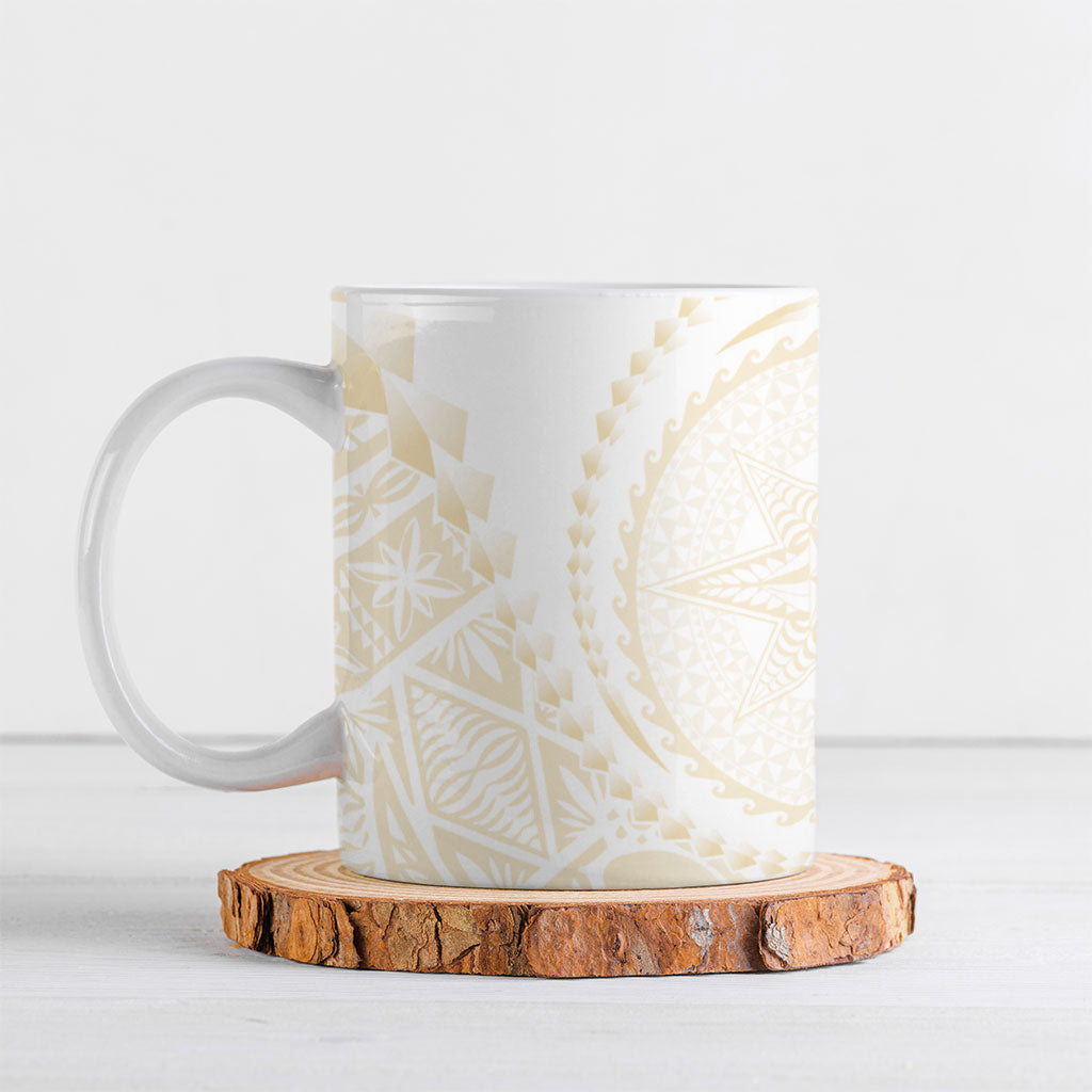 Tonga White Sunday Ceramic Mug Lotu Tamaiti Tongan Kupesi Pattern LT05 Beige - Polynesian Pride