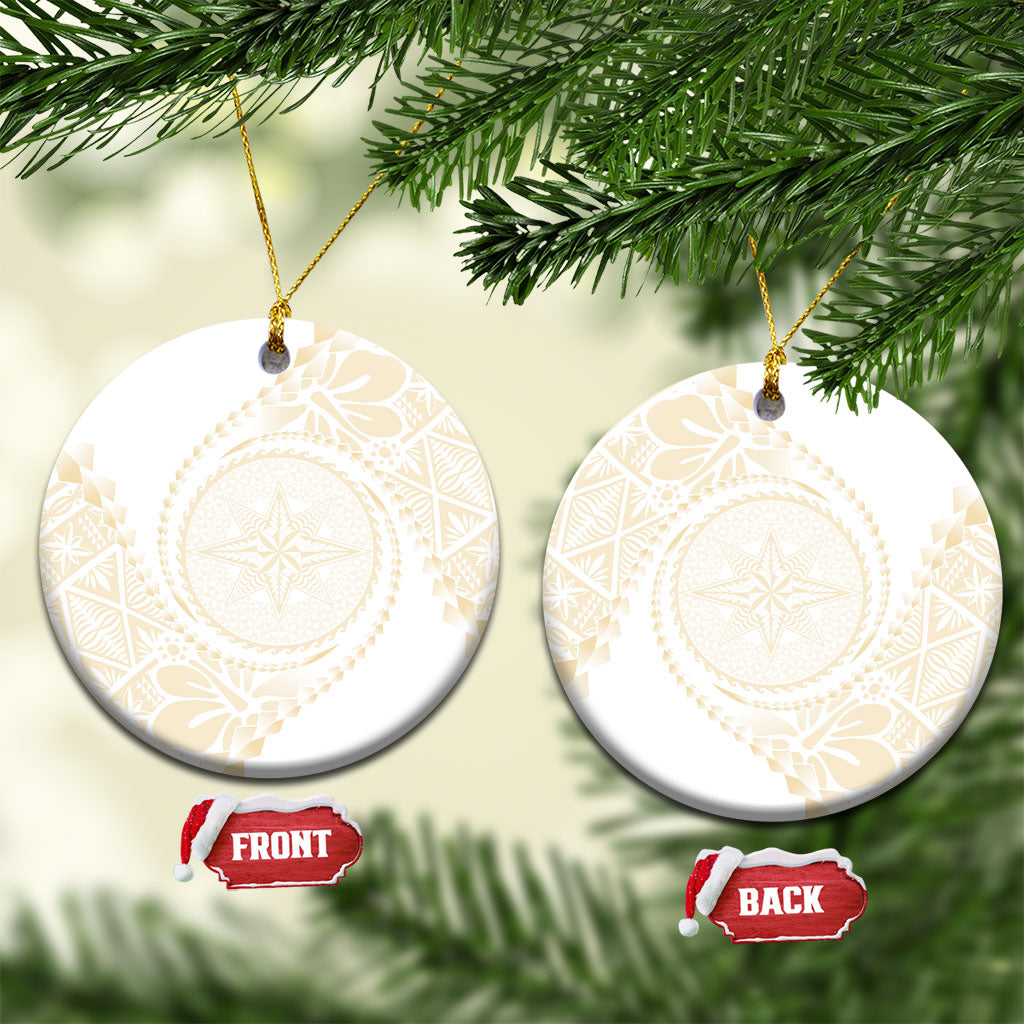 Tonga White Sunday Ceramic Ornament Lotu Tamaiti Tongan Kupesi Pattern LT05 Circle Beige - Polynesian Pride