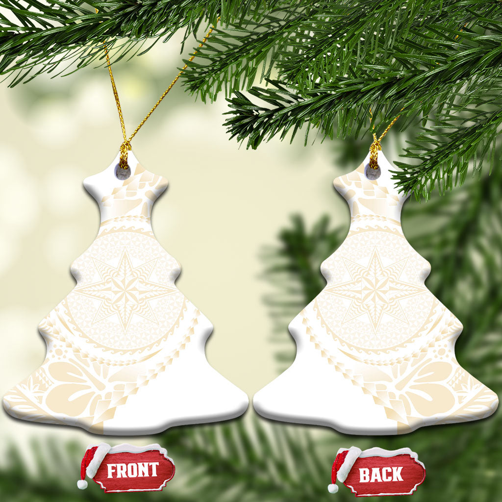 Tonga White Sunday Ceramic Ornament Lotu Tamaiti Tongan Kupesi Pattern LT05 Christmas Tree Beige - Polynesian Pride