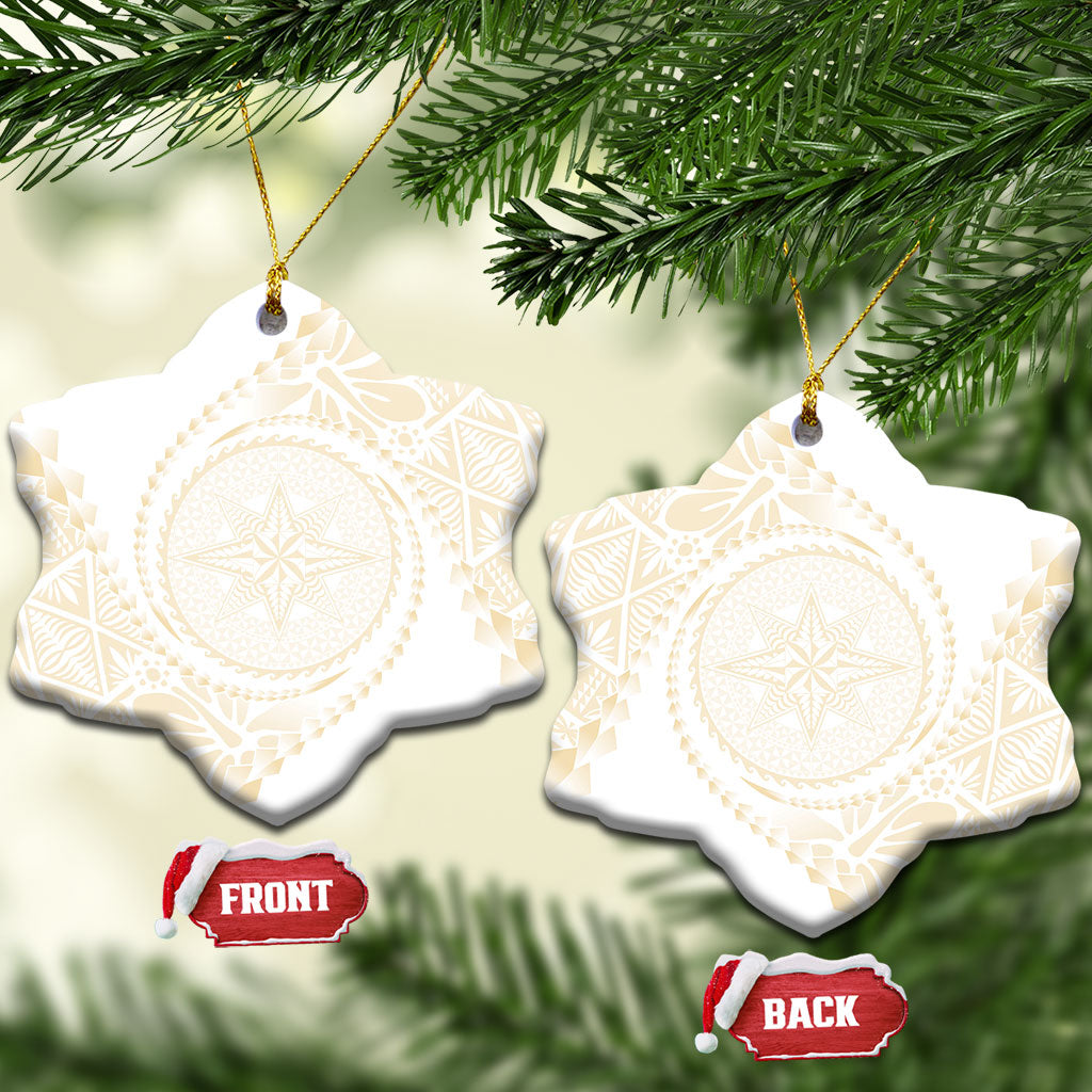 Tonga White Sunday Ceramic Ornament Lotu Tamaiti Tongan Kupesi Pattern LT05 Snow Flake Beige - Polynesian Pride