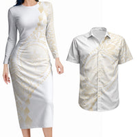 Tonga White Sunday Couples Matching Long Sleeve Bodycon Dress and Hawaiian Shirt Lotu Tamaiti Tongan Kupesi Pattern