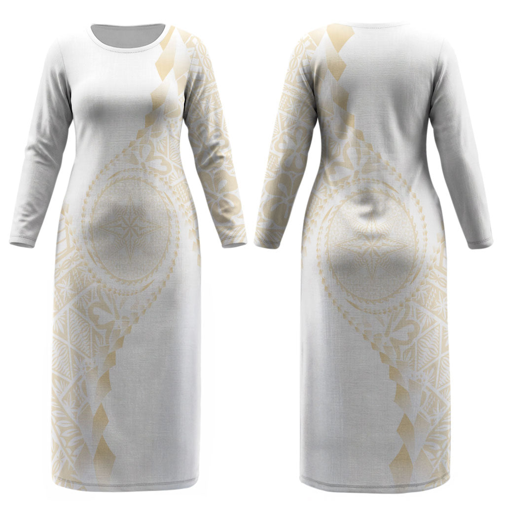 Tonga White Sunday Couples Matching Long Sleeve Bodycon Dress and Hawaiian Shirt Lotu Tamaiti Tongan Kupesi Pattern