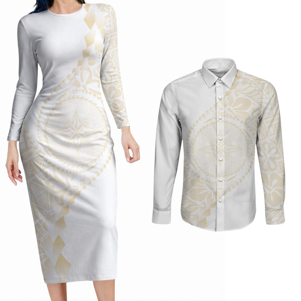 Tonga White Sunday Couples Matching Long Sleeve Bodycon Dress and Long Sleeve Button Shirt Lotu Tamaiti Tongan Kupesi Pattern