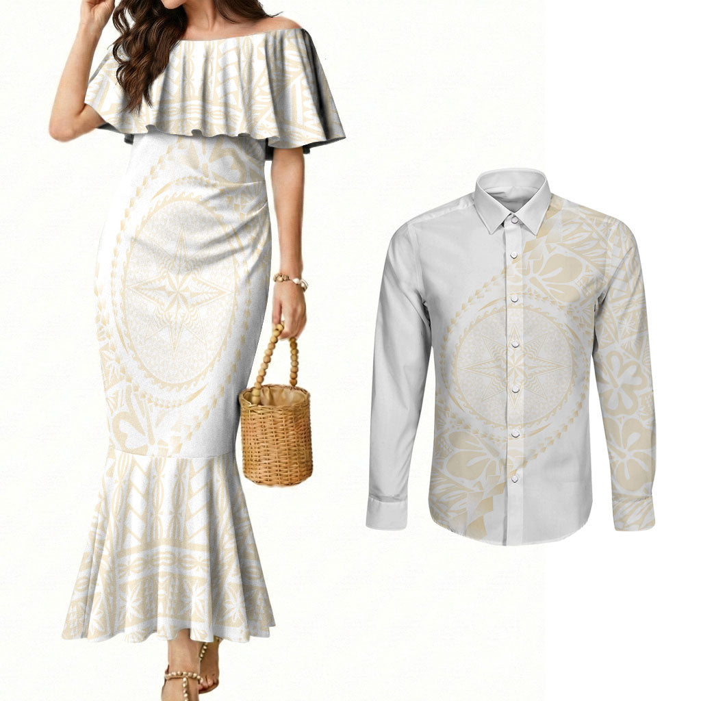 Tonga White Sunday Couples Matching Mermaid Dress and Long Sleeve Button Shirt Lotu Tamaiti Tongan Kupesi Pattern