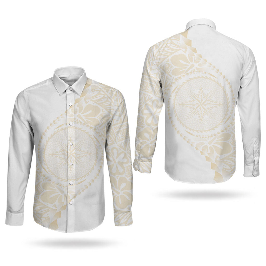 Tonga White Sunday Couples Matching Off Shoulder Maxi Dress and Long Sleeve Button Shirt Lotu Tamaiti Tongan Kupesi Pattern