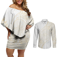 Tonga White Sunday Couples Matching Off Shoulder Short Dress and Long Sleeve Button Shirt Lotu Tamaiti Tongan Kupesi Pattern