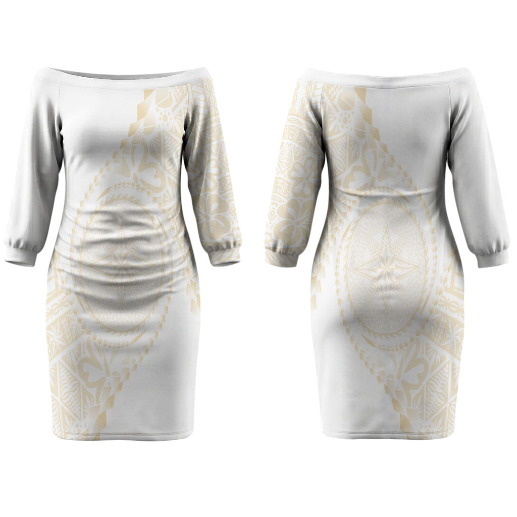 Tonga White Sunday Couples Matching Off The Shoulder Long Sleeve Dress and Hawaiian Shirt Lotu Tamaiti Tongan Kupesi Pattern