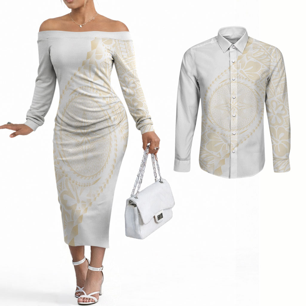 Tonga White Sunday Couples Matching Off The Shoulder Long Sleeve Dress and Long Sleeve Button Shirt Lotu Tamaiti Tongan Kupesi Pattern