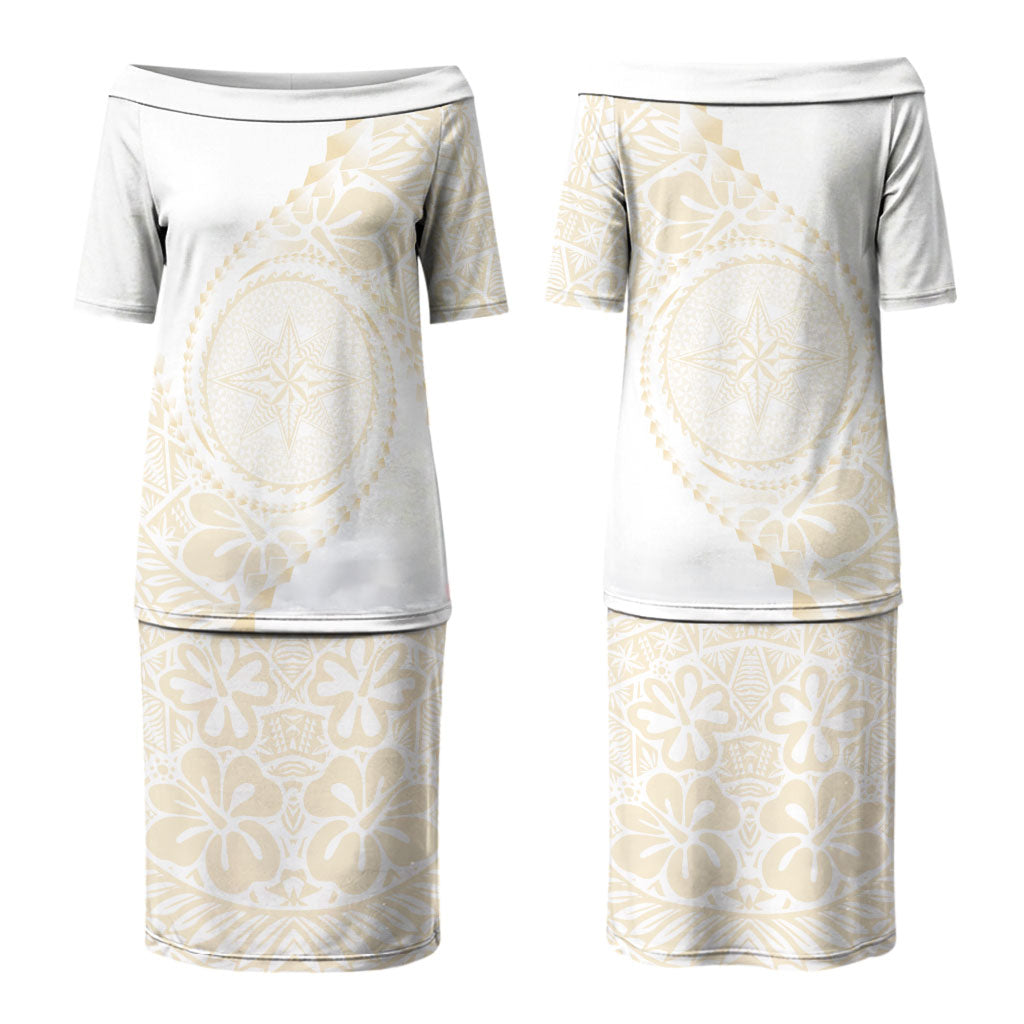 Tonga White Sunday Couples Matching Puletasi and Hawaiian Shirt Lotu Tamaiti Tongan Kupesi Pattern