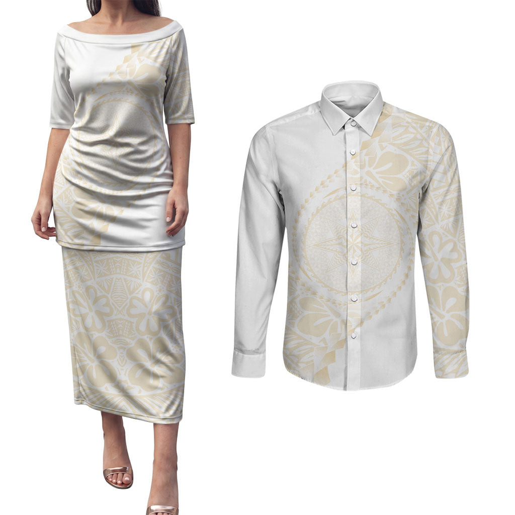 Tonga White Sunday Couples Matching Puletasi and Long Sleeve Button Shirt Lotu Tamaiti Tongan Kupesi Pattern LT05 Beige - Polynesian Pride