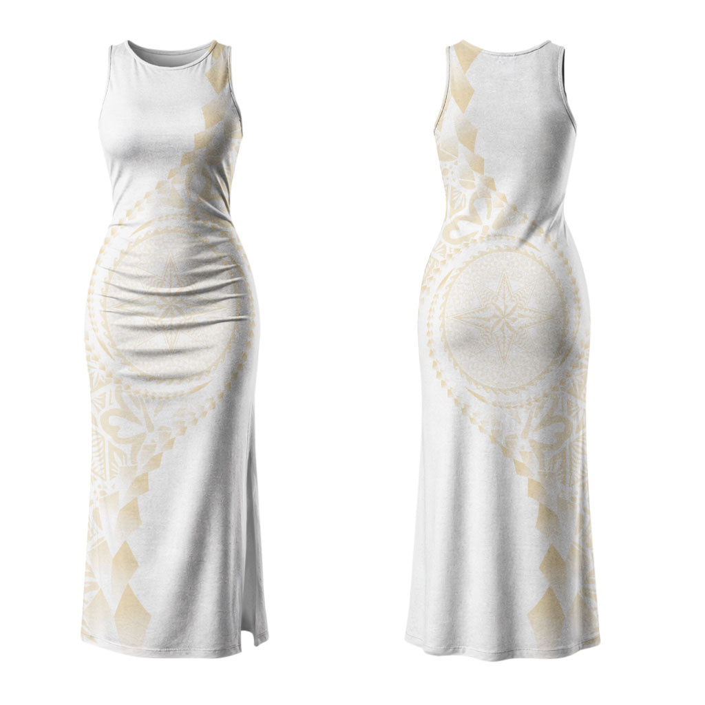 Tonga White Sunday Couples Matching Tank Maxi Dress and Long Sleeve Button Shirt Lotu Tamaiti Tongan Kupesi Pattern