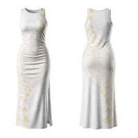Tonga White Sunday Couples Matching Tank Maxi Dress and Long Sleeve Button Shirt Lotu Tamaiti Tongan Kupesi Pattern