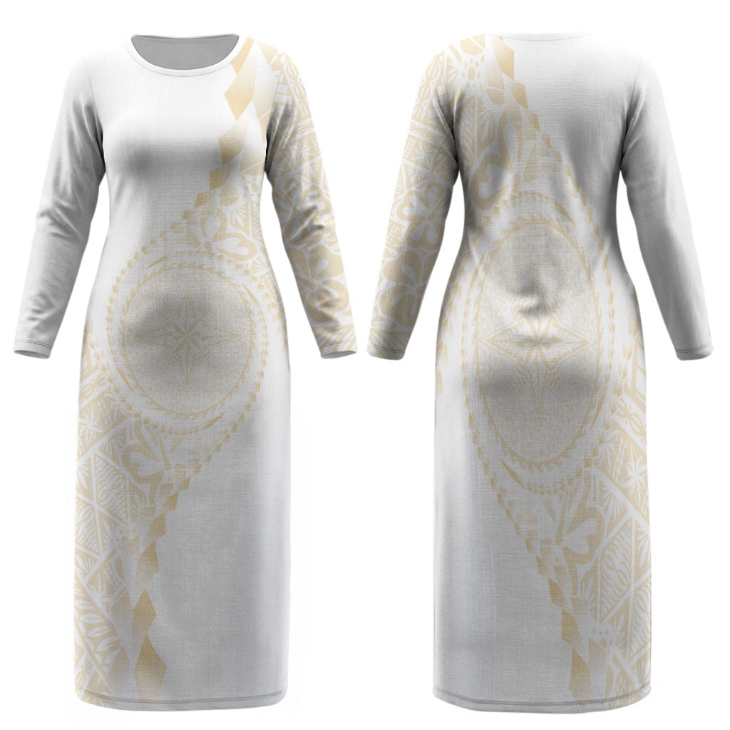 Tonga White Sunday Family Matching Long Sleeve Bodycon Dress and Hawaiian Shirt Lotu Tamaiti Tongan Kupesi Pattern
