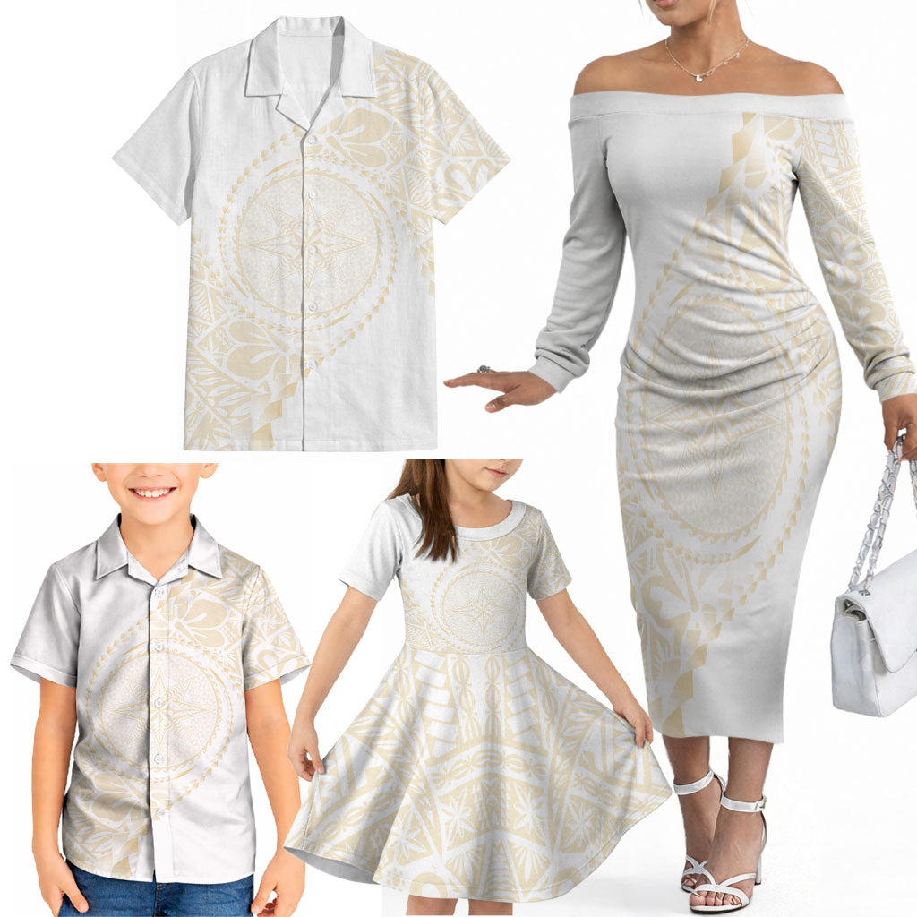 Tonga White Sunday Family Matching Off The Shoulder Long Sleeve Dress and Hawaiian Shirt Lotu Tamaiti Tongan Kupesi Pattern
