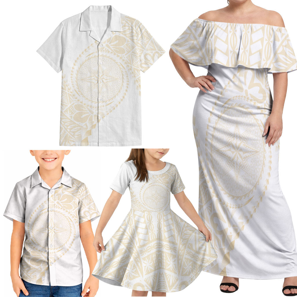 Tonga White Sunday Family Matching Off Shoulder Maxi Dress and Hawaiian Shirt Lotu Tamaiti Tongan Kupesi Pattern