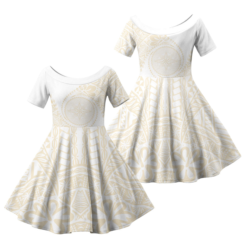 Tonga White Sunday Family Matching Off Shoulder Maxi Dress and Hawaiian Shirt Lotu Tamaiti Tongan Kupesi Pattern