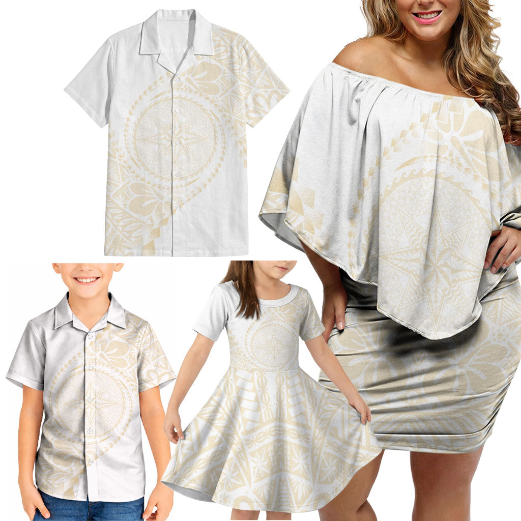 Tonga White Sunday Family Matching Off Shoulder Short Dress and Hawaiian Shirt Lotu Tamaiti Tongan Kupesi Pattern
