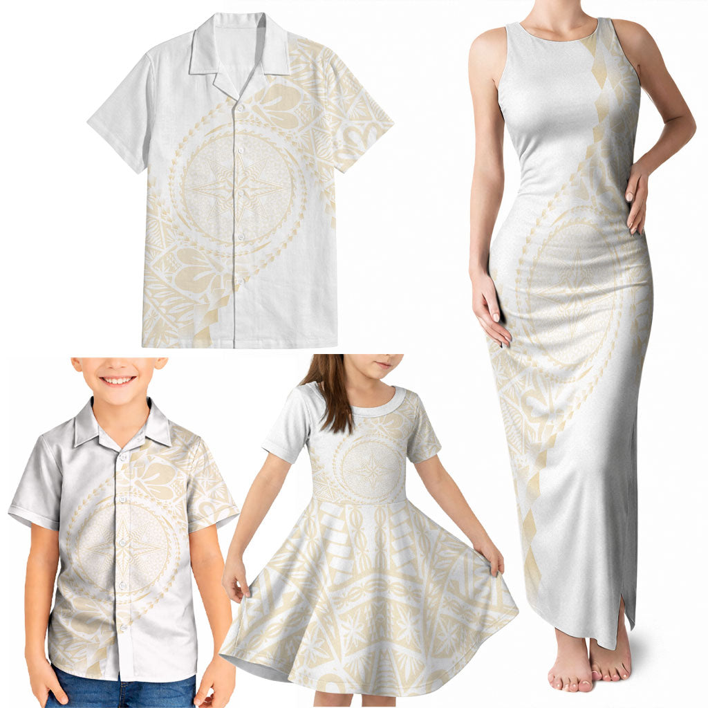 Tonga White Sunday Family Matching Tank Maxi Dress and Hawaiian Shirt Lotu Tamaiti Tongan Kupesi Pattern