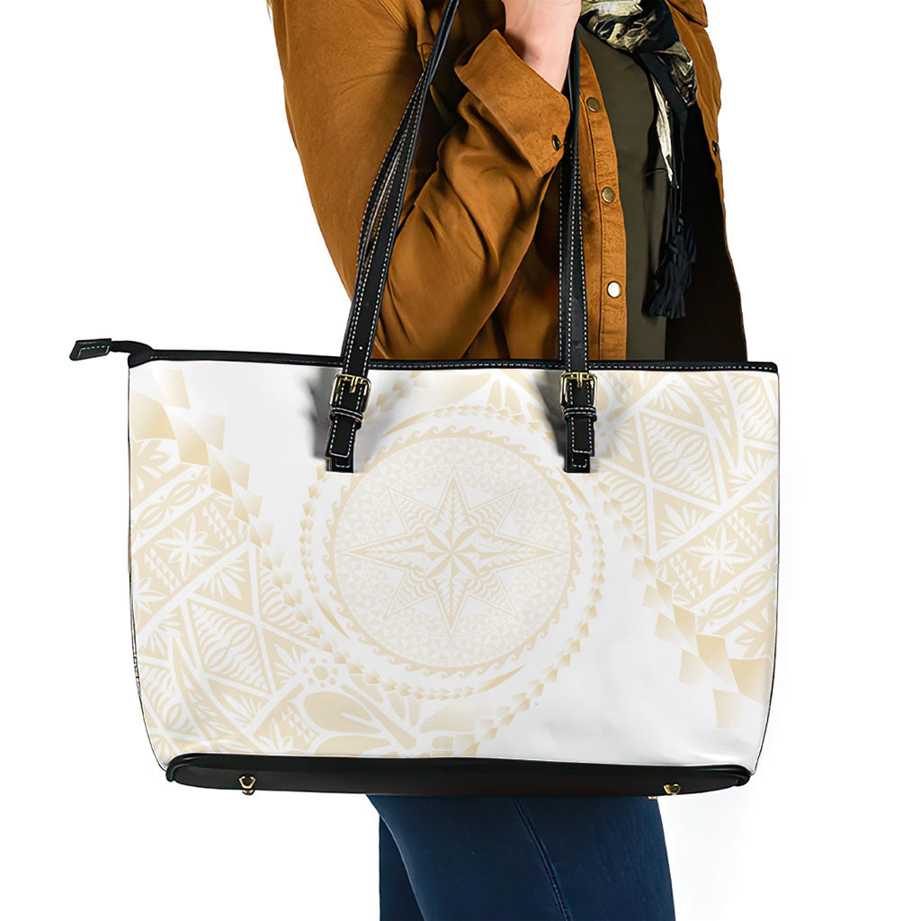 Tonga White Sunday Leather Tote Bag Lotu Tamaiti Tongan Kupesi Pattern