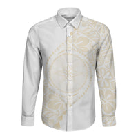 Tonga White Sunday Long Sleeve Button Shirt Lotu Tamaiti Tongan Kupesi Pattern