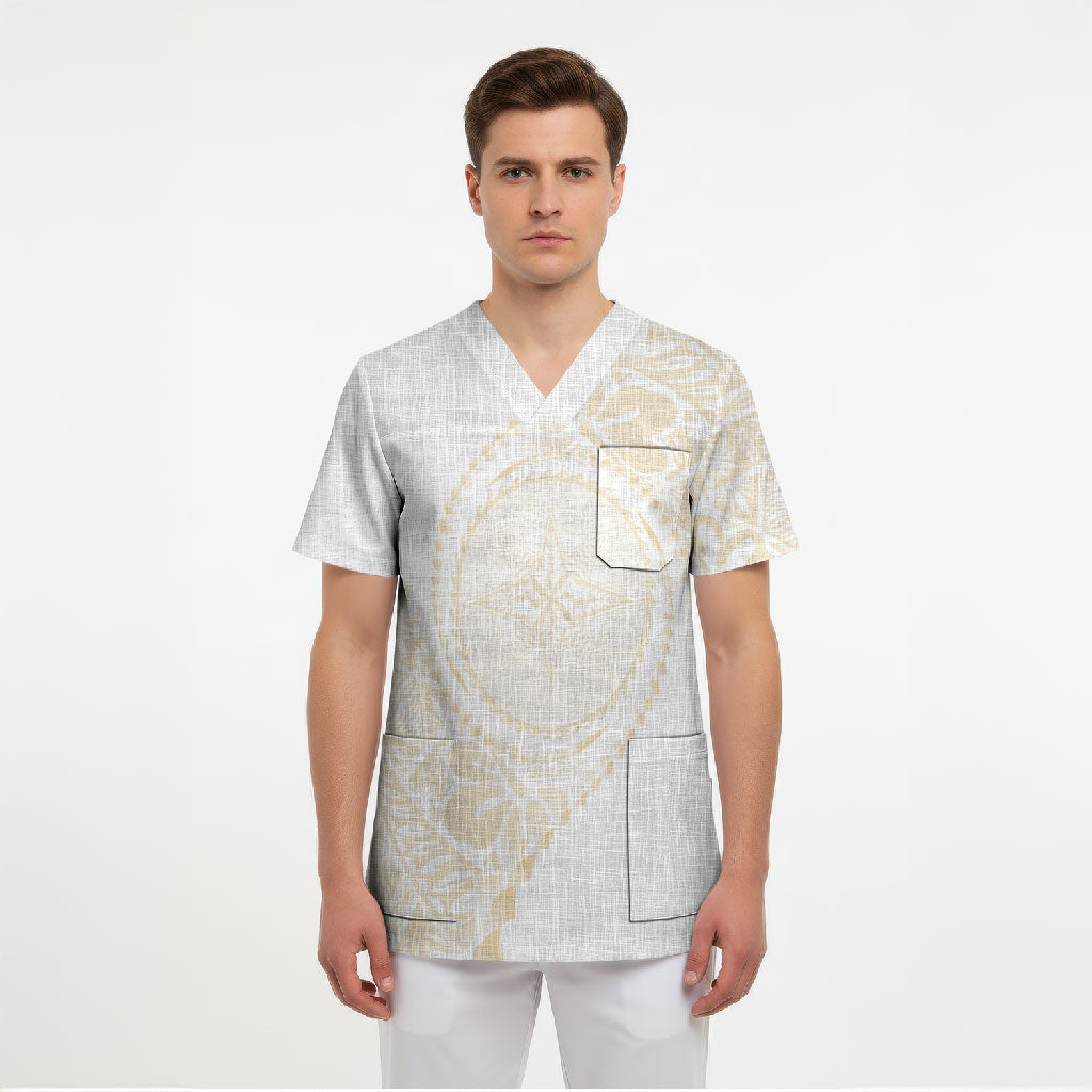 Tonga White Sunday Scrub Top Lotu Tamaiti Tongan Kupesi Pattern