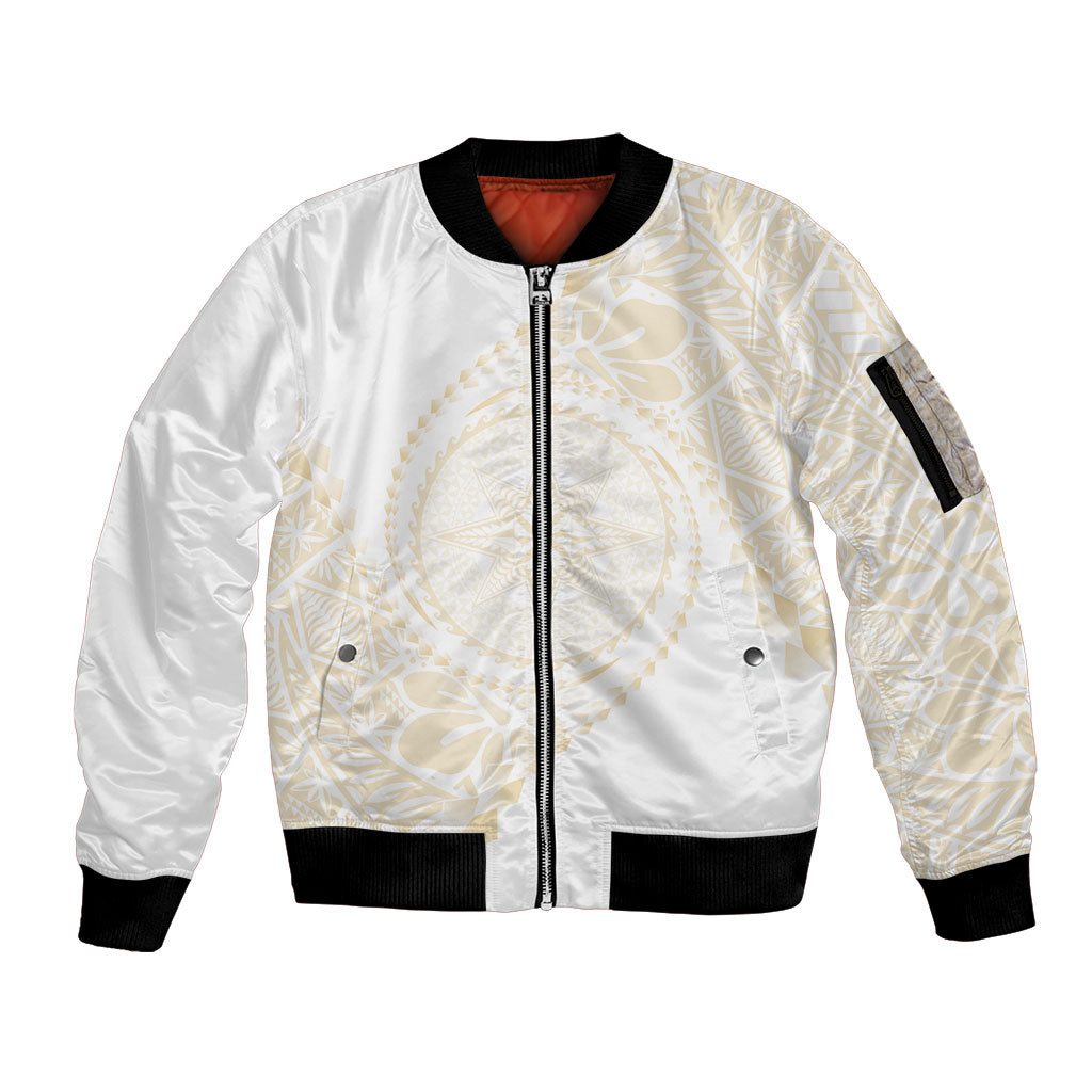 Tonga White Sunday Sleeve Zip Bomber Jacket Lotu Tamaiti Tongan Kupesi Pattern