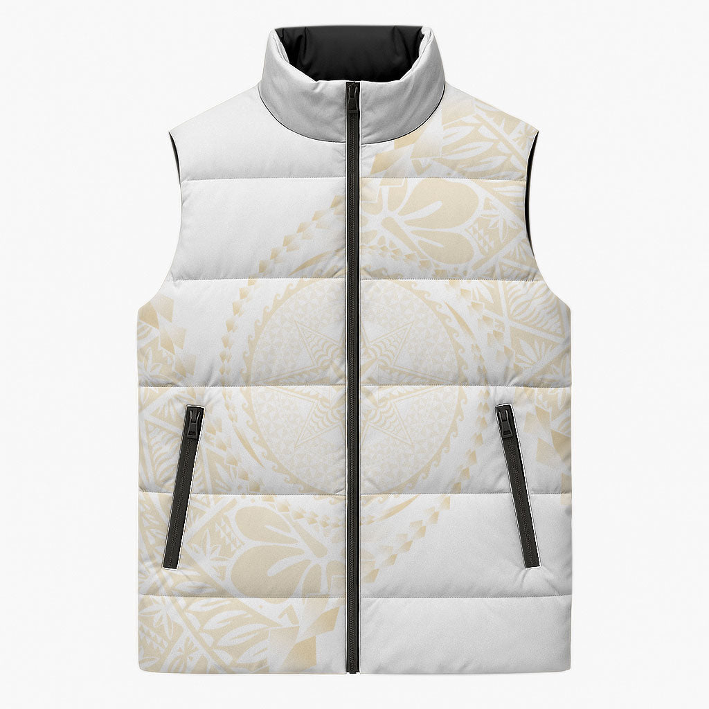 Tonga White Sunday Sleeveless Puffer Jacket Lotu Tamaiti Tongan Kupesi Pattern