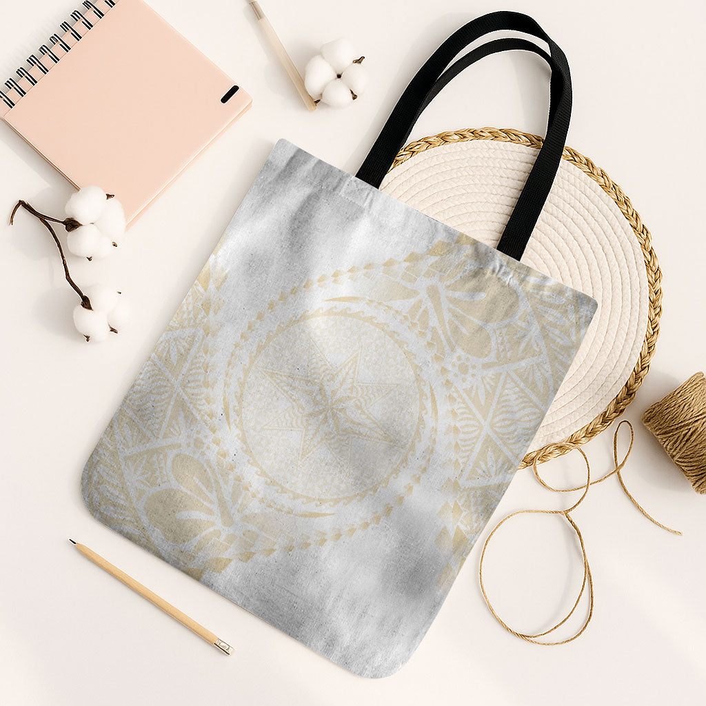 Tonga White Sunday Tote Bag Lotu Tamaiti Tongan Kupesi Pattern LT05 Black Strap One Size Beige - Polynesian Pride