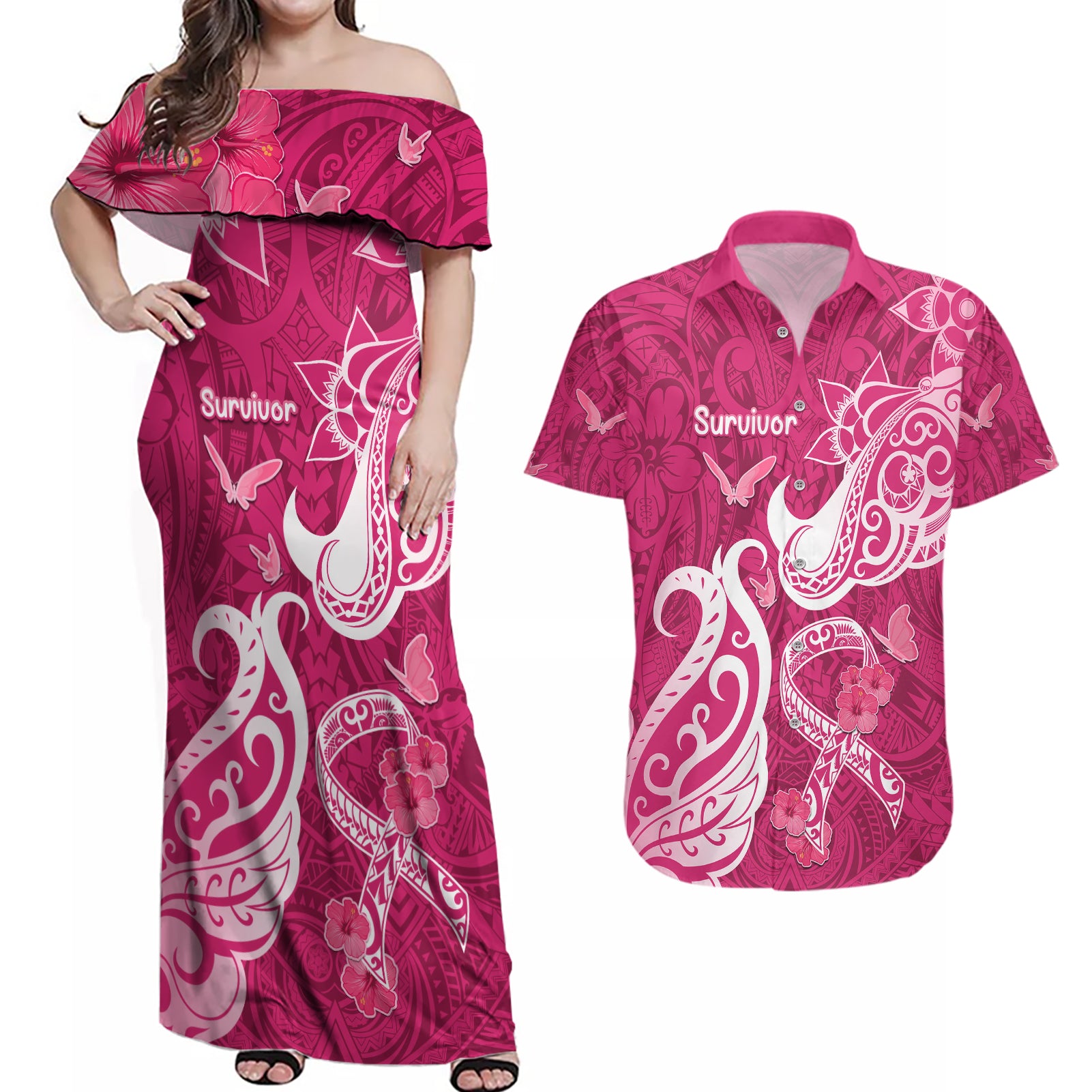 Breast Cancer Awareness Couples Matching Off Shoulder Maxi Dress and Hawaiian Shirt Ribbon Polynesian Pattern Pink Version LT05 Pink - Polynesian Pride