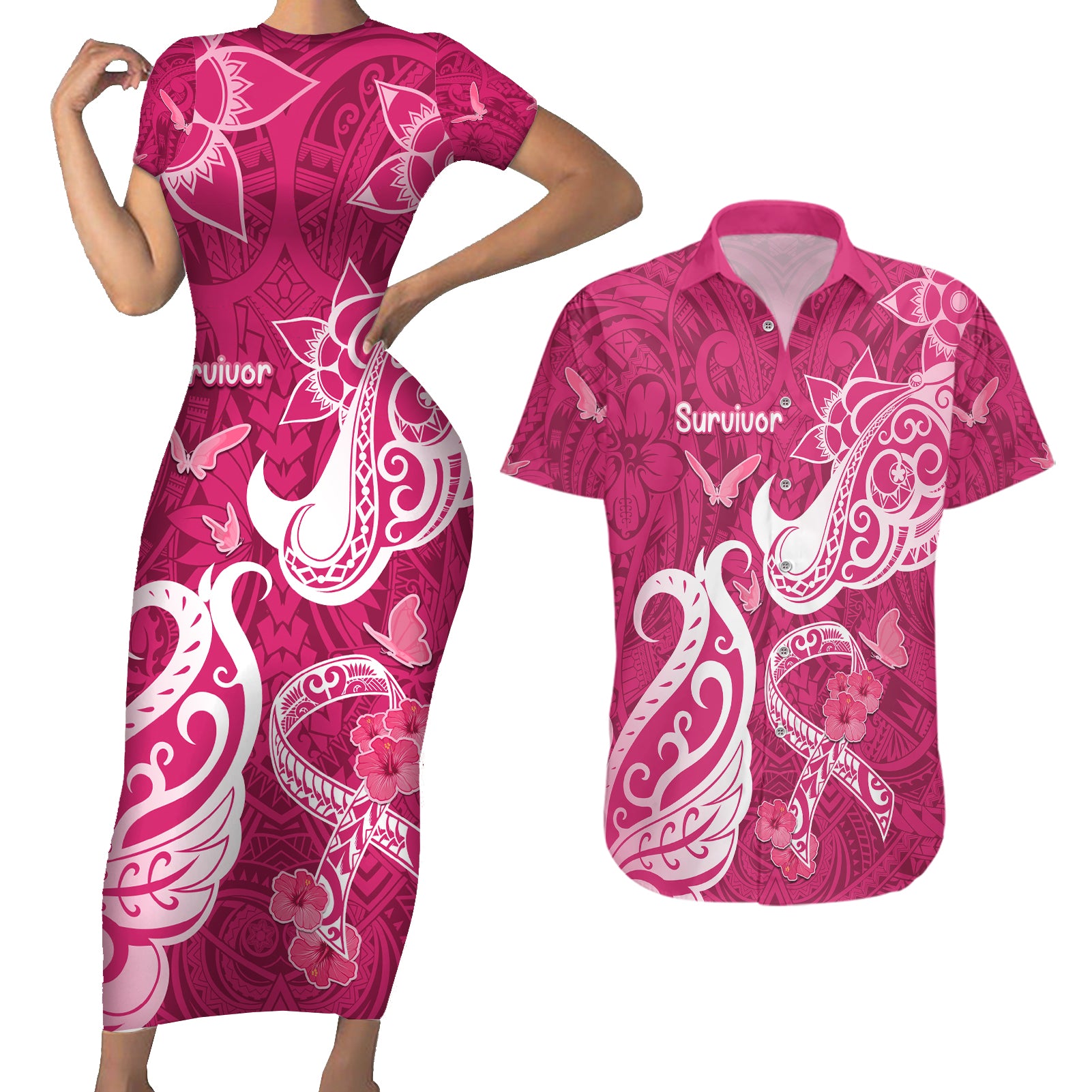 Breast Cancer Awareness Couples Matching Short Sleeve Bodycon Dress and Hawaiian Shirt Ribbon Polynesian Pattern Pink Version LT05 Pink - Polynesian Pride