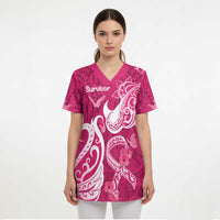 Breast Cancer Awareness Scrub Top Ribbon Polynesian Pattern Pink Version - Polynesian Pride