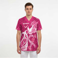 Breast Cancer Awareness Scrub Top Ribbon Polynesian Pattern Pink Version - Polynesian Pride