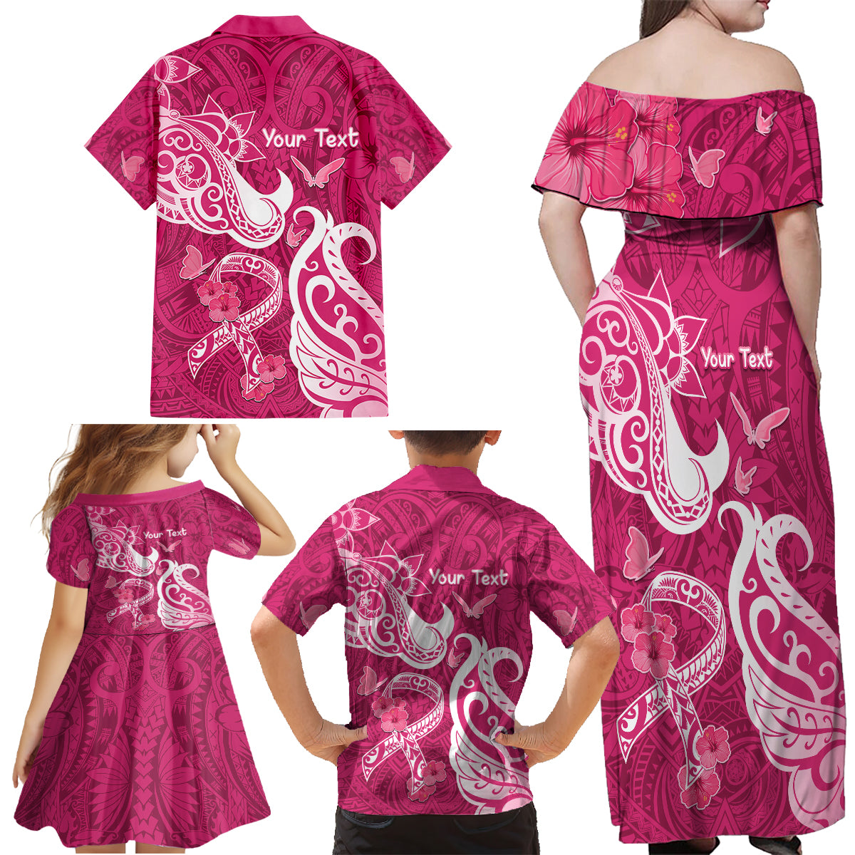 Personalized Breast Cancer Awareness Family Matching Off Shoulder Long Sleeve Dress and Hawaiian Shirt Ribbon Polynesian Pattern Pink Version LT05 - Polynesian Pride