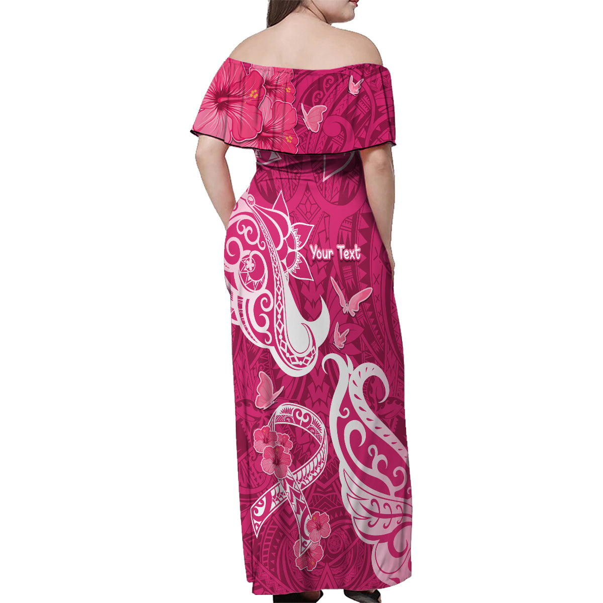 Personalized Breast Cancer Awareness Family Matching Off Shoulder Maxi Dress and Hawaiian Shirt Ribbon Polynesian Pattern Pink Version LT05 - Polynesian Pride