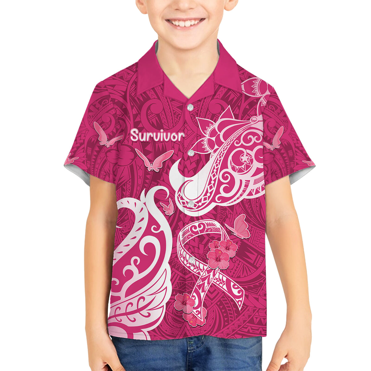 Personalized Breast Cancer Awareness Family Matching Off Shoulder Short Dress and Hawaiian Shirt Ribbon Polynesian Pattern Pink Version LT05 Son's Shirt Pink - Polynesian Pride