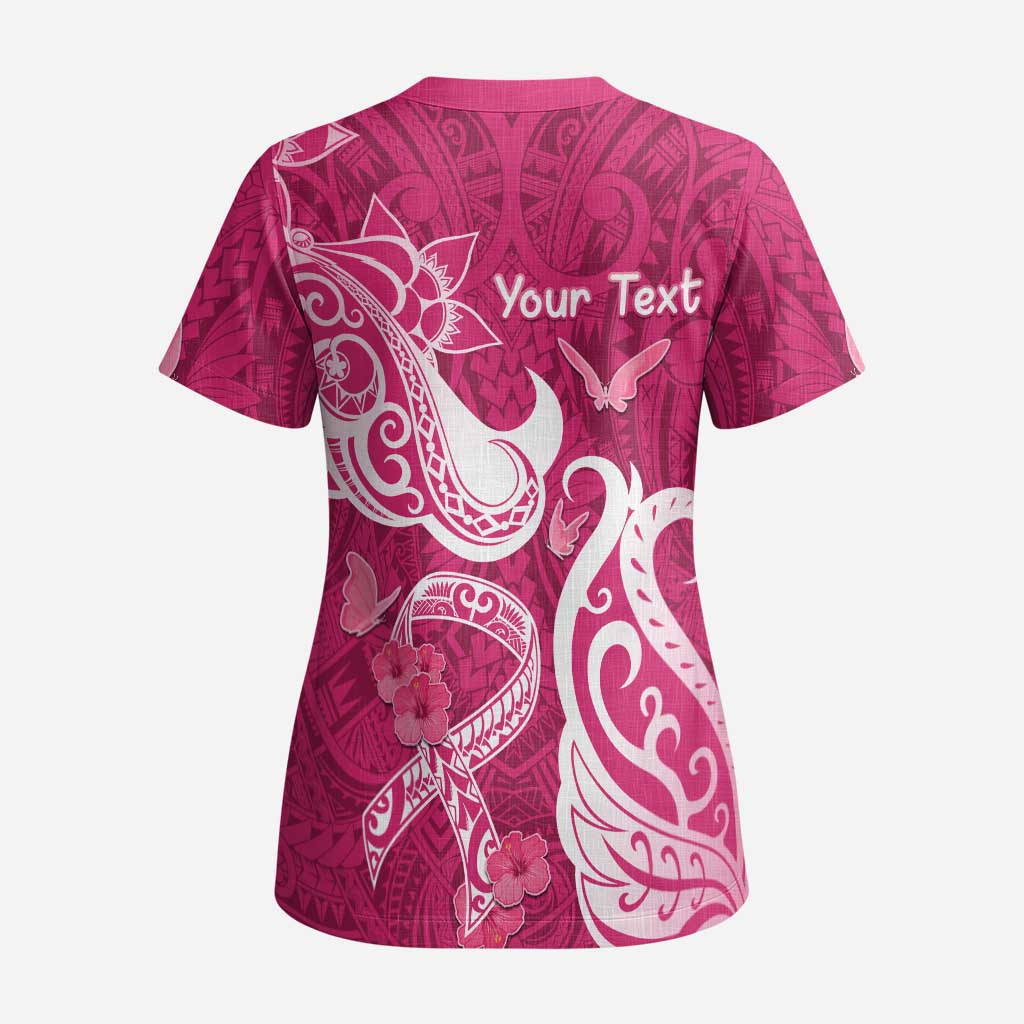 Personalized Breast Cancer Awareness Scrub Top Ribbon Polynesian Pattern Pink Version - Polynesian Pride