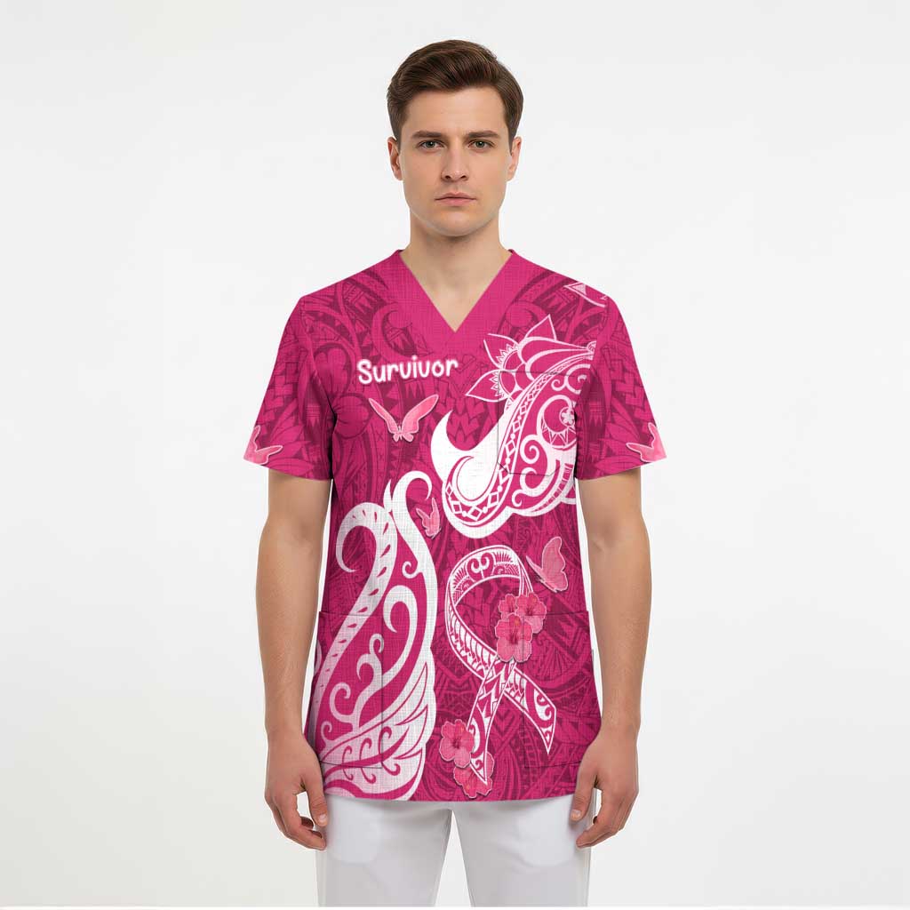 Personalized Breast Cancer Awareness Scrub Top Ribbon Polynesian Pattern Pink Version - Polynesian Pride