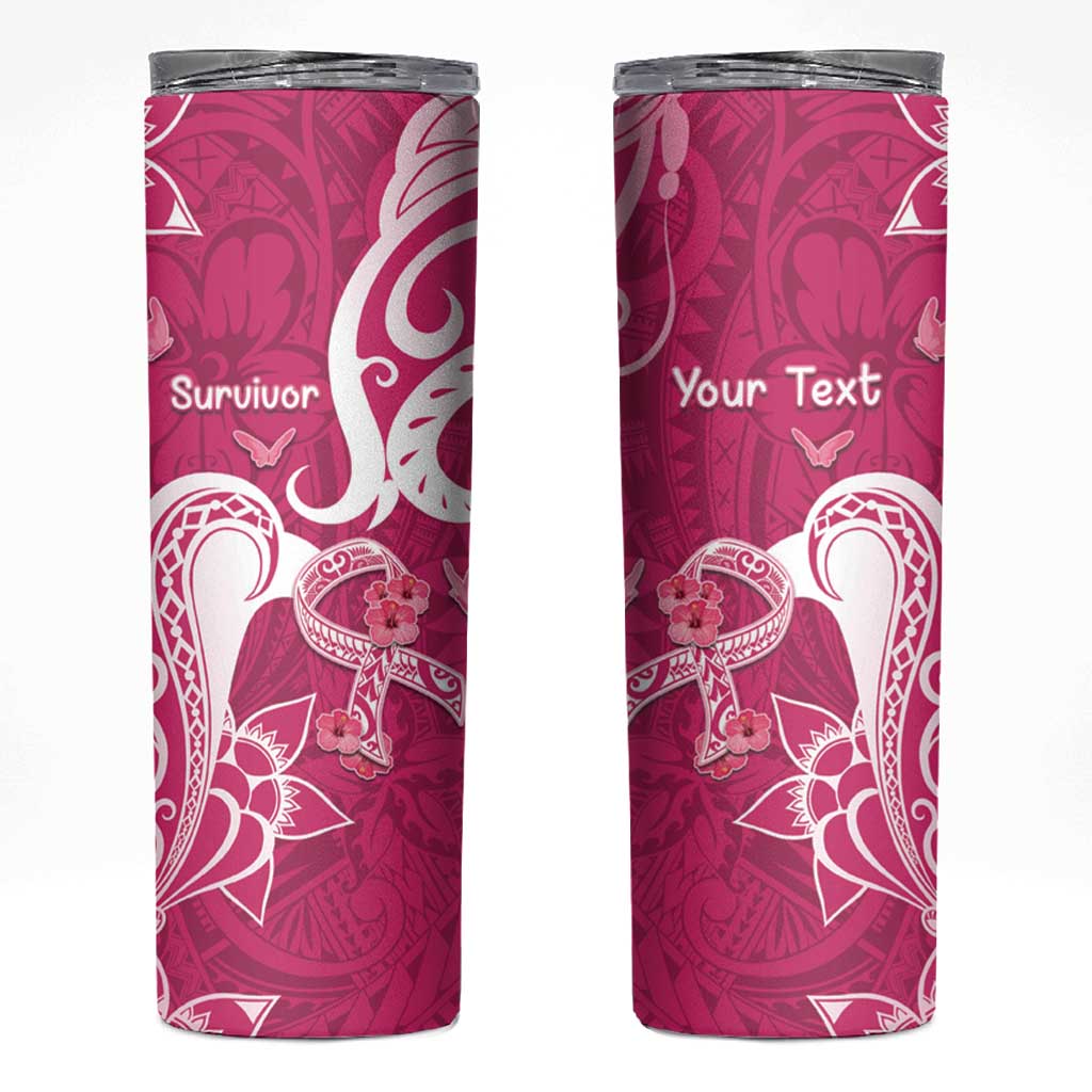 Personalized Breast Cancer Awareness Skinny Tumbler Ribbon Polynesian Pattern Pink Version