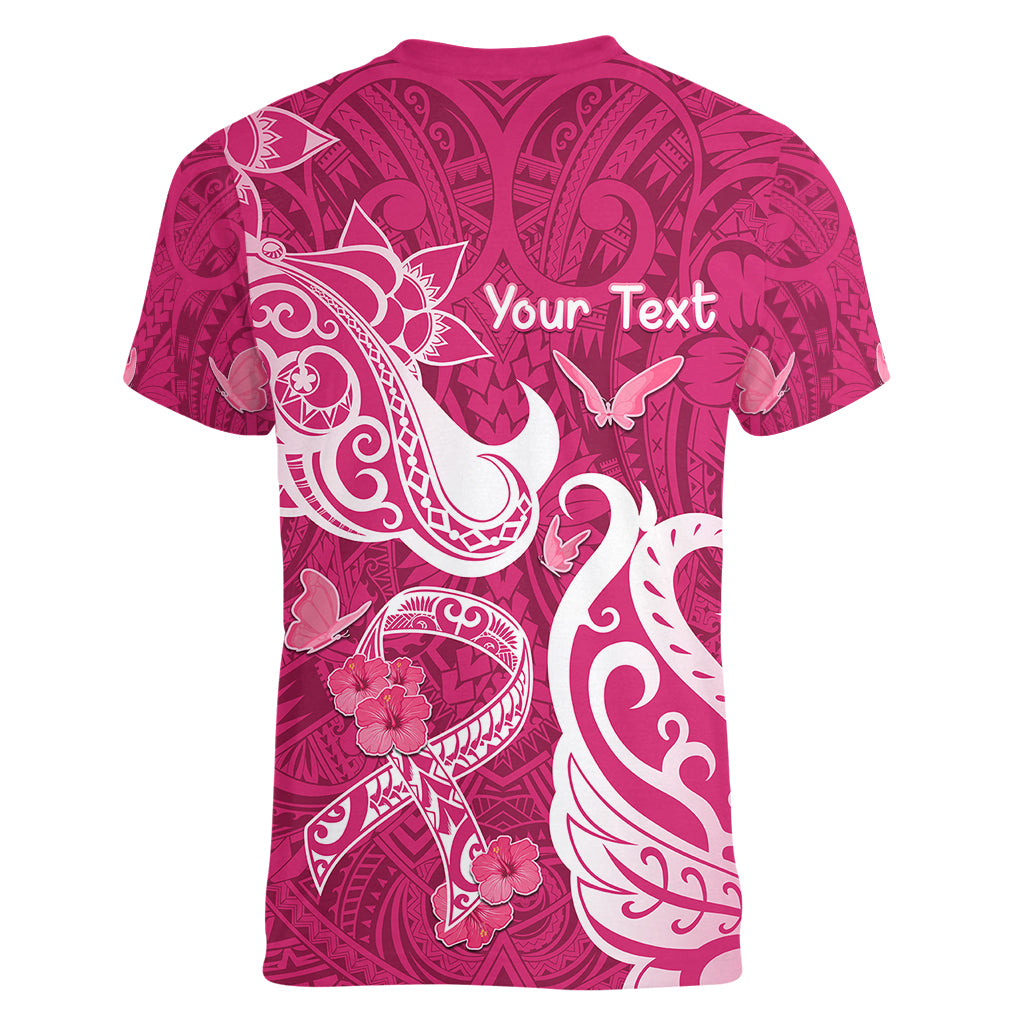Personalized Breast Cancer Awareness Women V Neck T Shirt Ribbon Polynesian Pattern Pink Version LT05 - Polynesian Pride