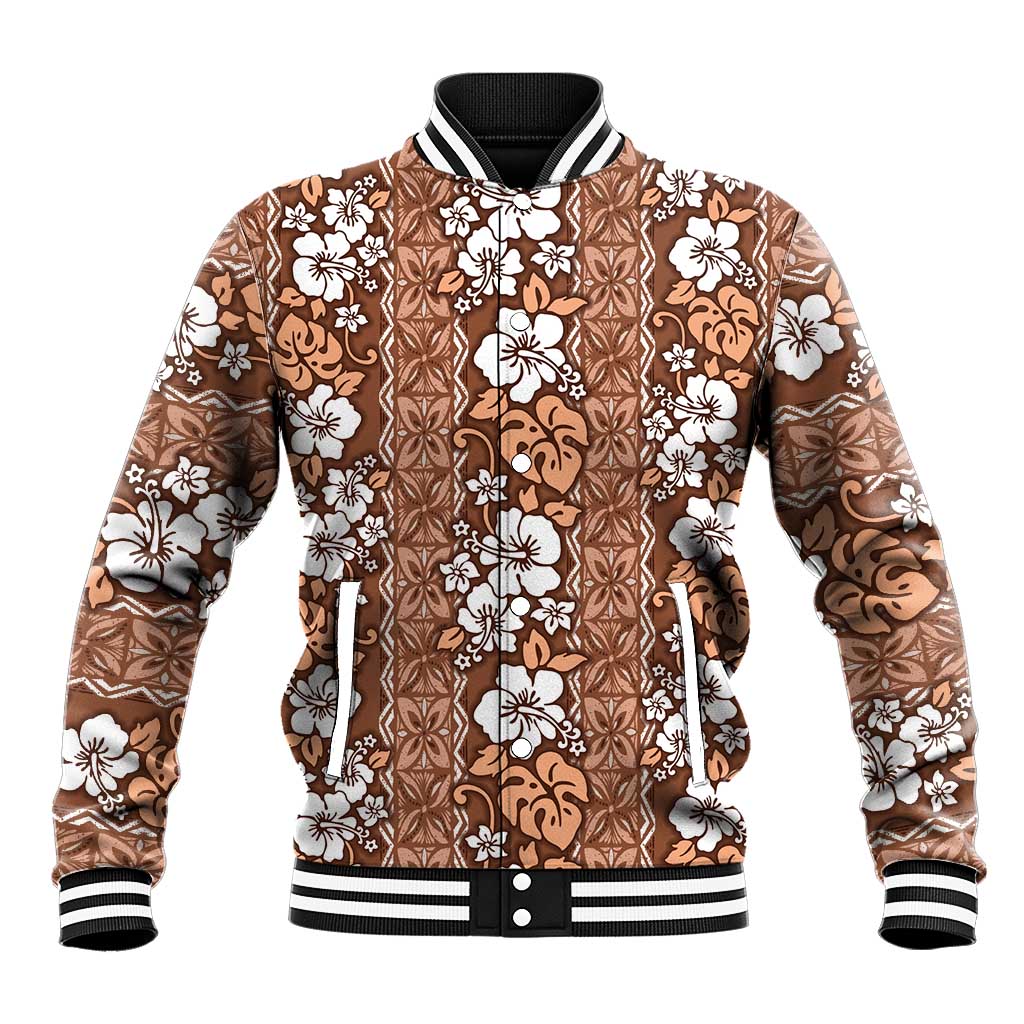 Hawaii Vintage Brown Hibiscus Tapa Pattern Baseball Jacket