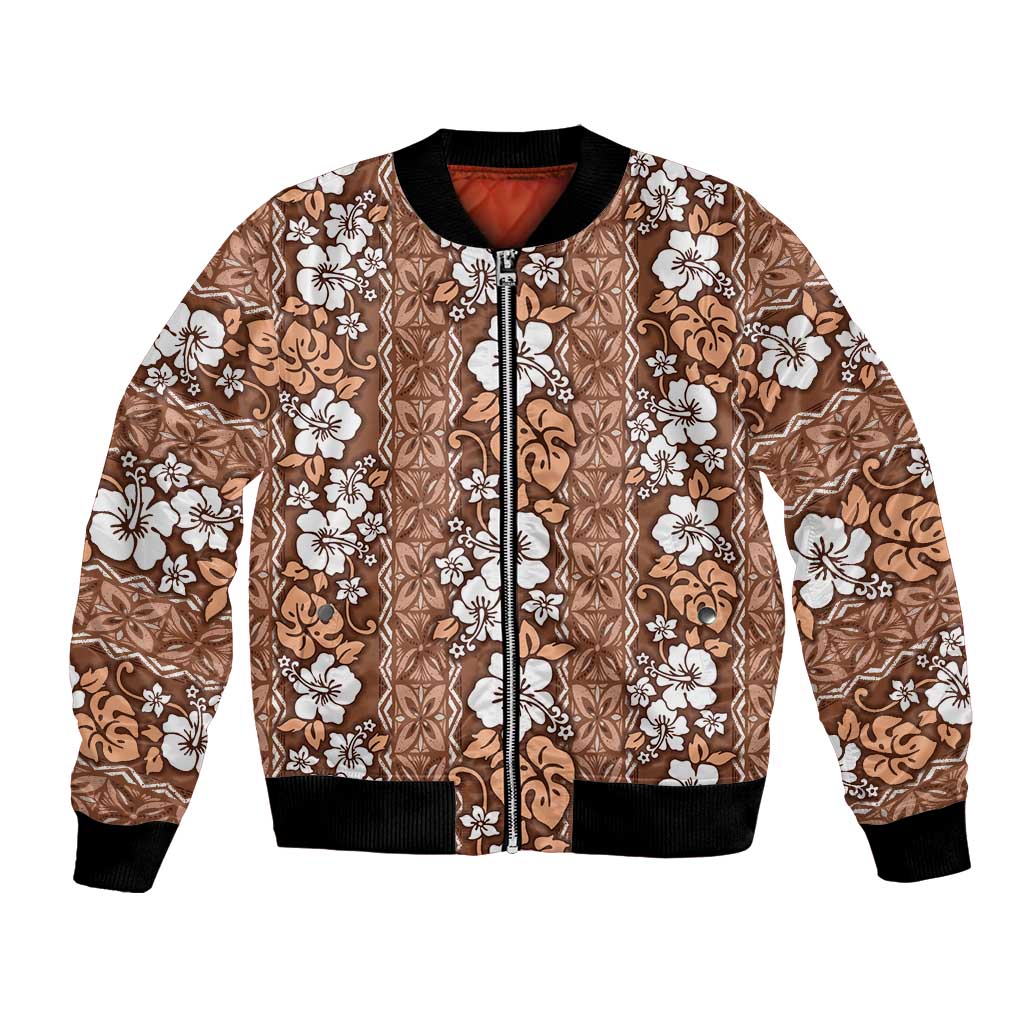 Hawaii Vintage Brown Hibiscus Tapa Pattern Bomber Jacket