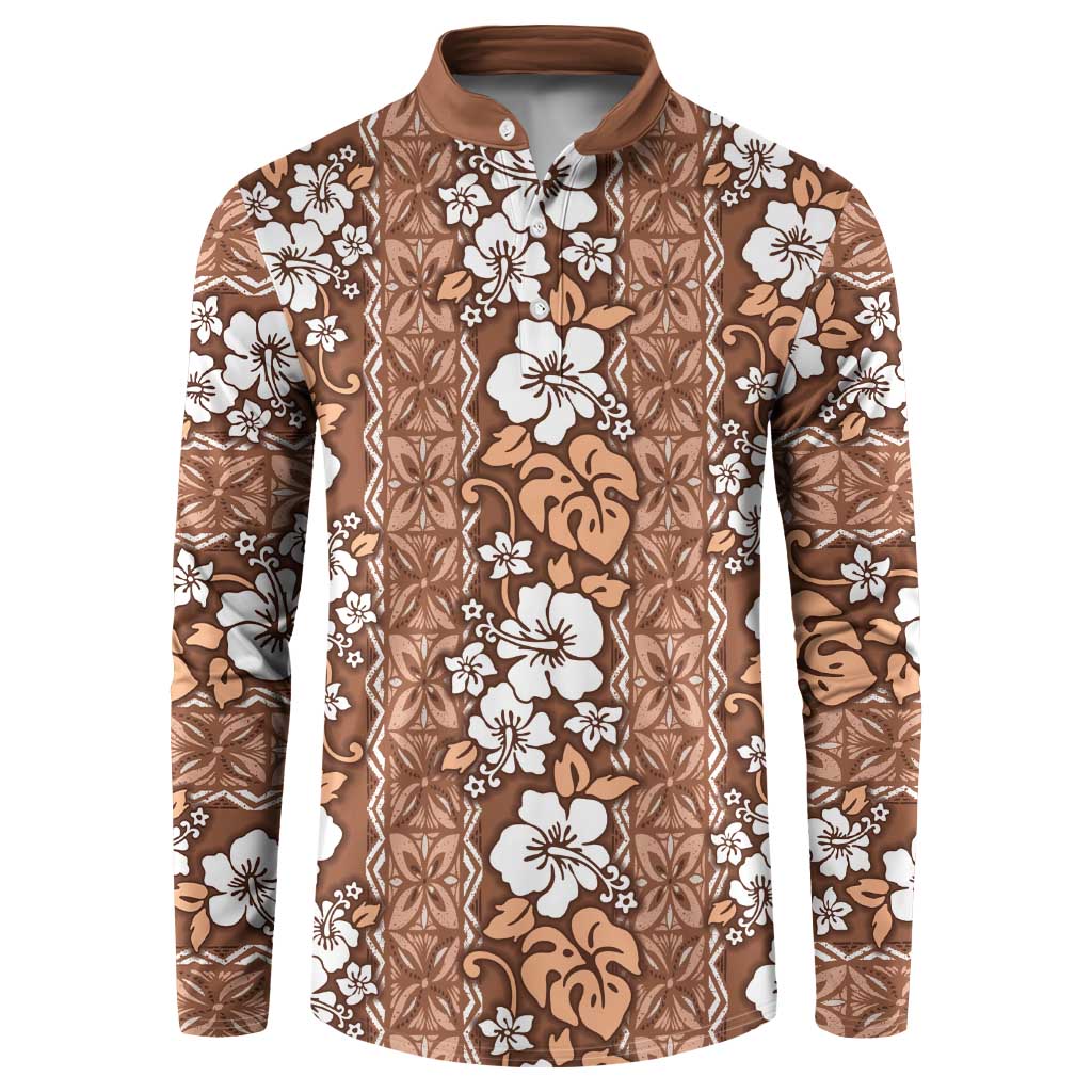 Hawaii Vintage Brown Hibiscus Tapa Pattern Button Sweatshirt