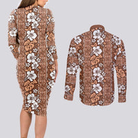 Hawaii Vintage Brown Hibiscus Tapa Pattern Couples Matching Long Sleeve Bodycon Dress and Long Sleeve Button Shirt